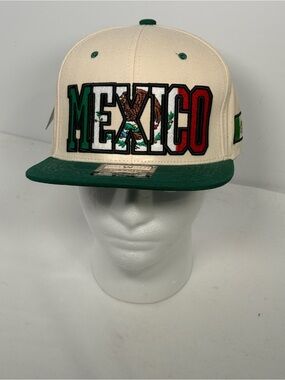 Mexico Embroidered Snapback Hat in Cream and Green